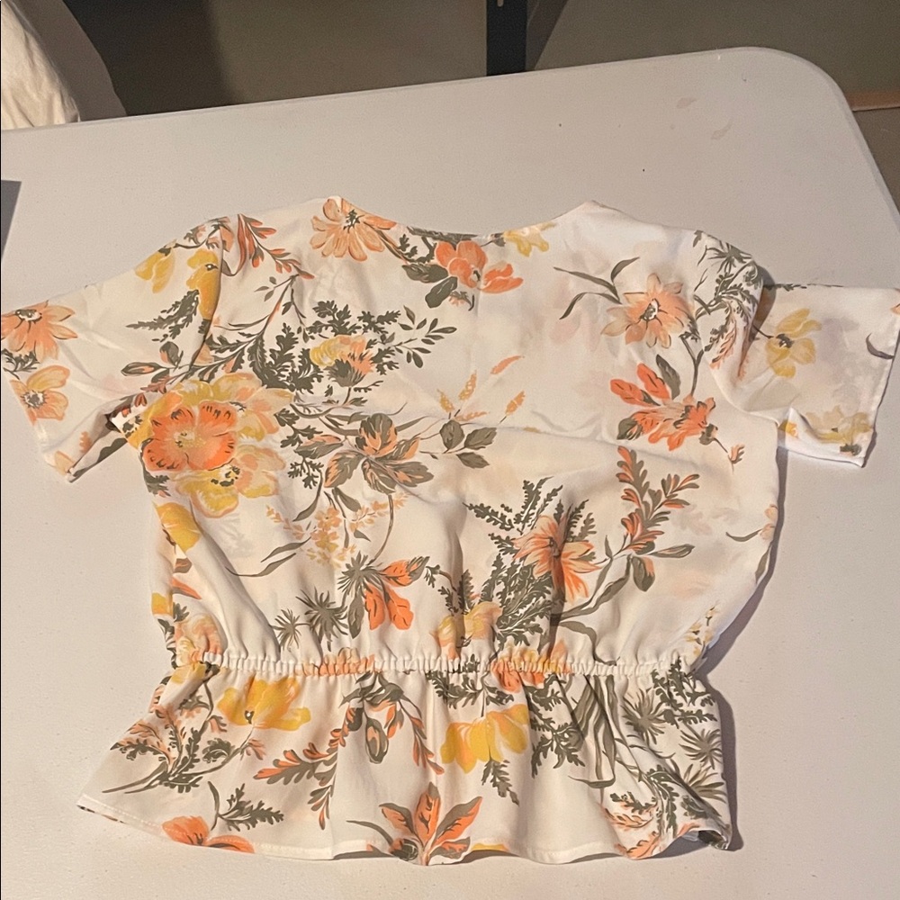 LOFT White Floral Tie-Waist Peplum Top - Yellow & Peach Print - Picture 3 of 3